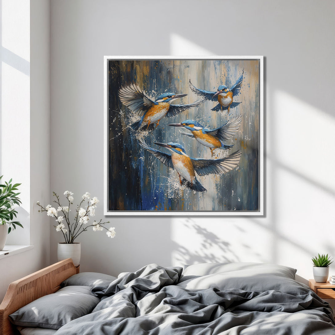 Framed Wall Art: Abstract painting of kingfisher birds in flight, blue and orange hues, perfect for bedroom decor.