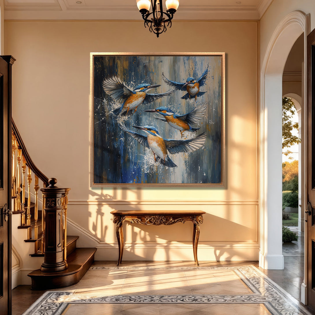 Framed Wall Art featuring vibrant kingfisher birds in flight, painted with blue and orange hues. Adds a touch of nature and elegance to any interior.