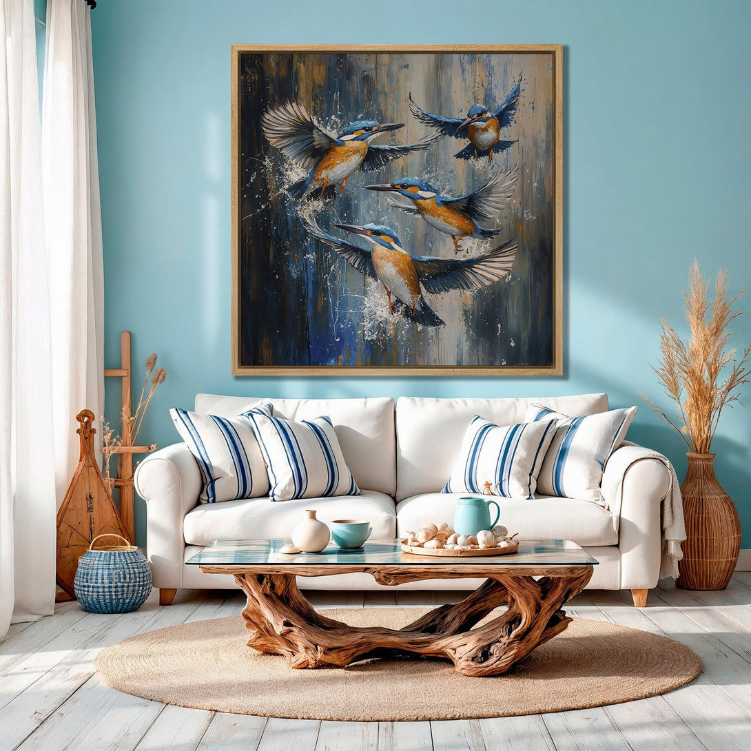 Framed Wall Art featuring vibrant birds in flight, with a blue and orange color palette. Modern abstract style, perfect for coastal decor.