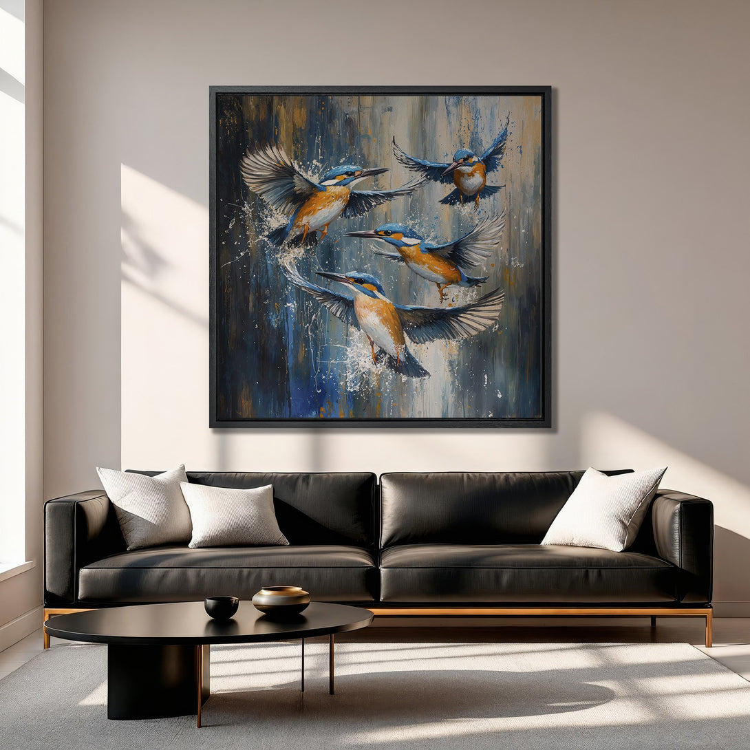 Framed Wall Art featuring vibrant kingfisher birds in flight. Abstract painting style with blue, orange, and neutral color palette. Perfect for living room decor.