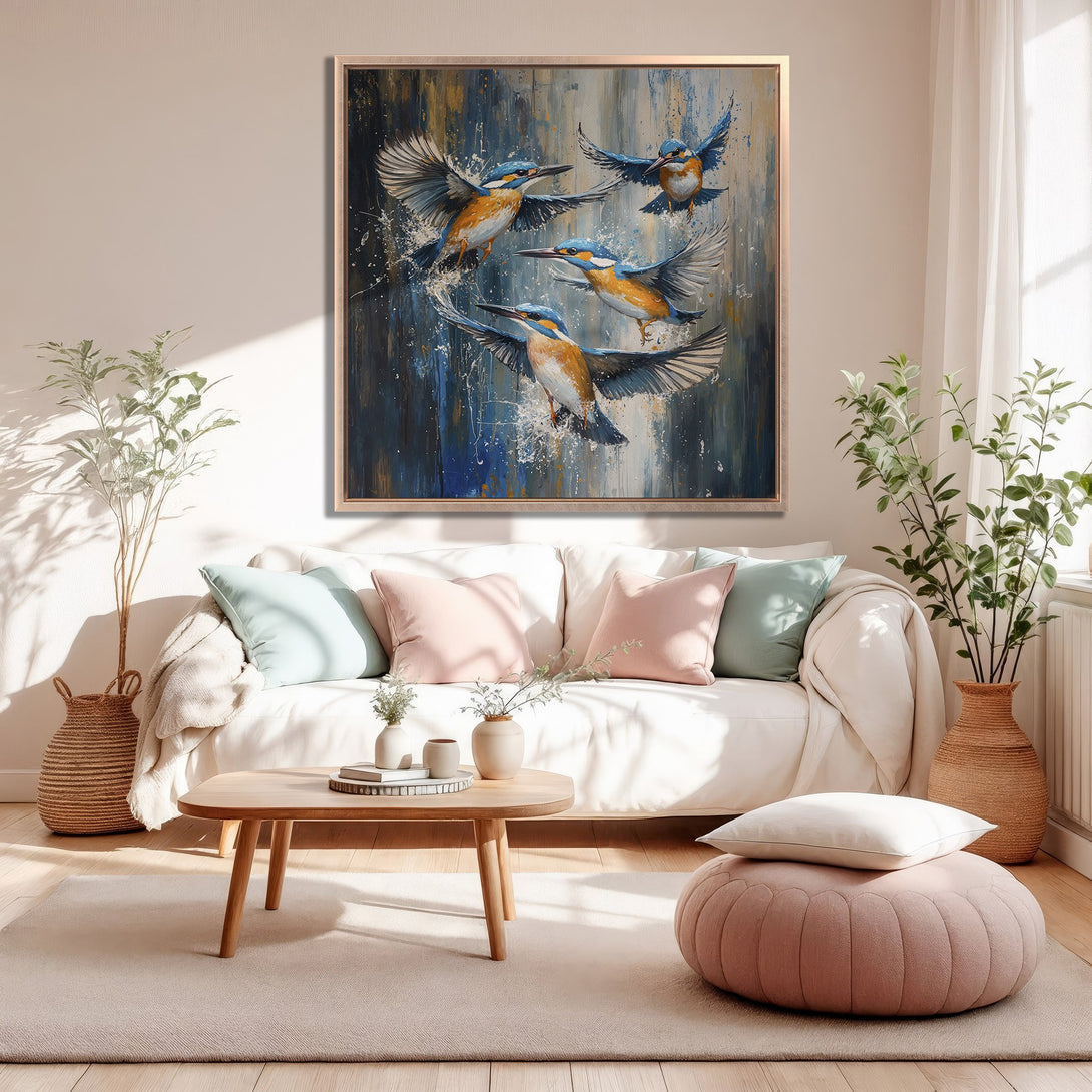 Framed Wall Art: Abstract painting of kingfisher birds in flight. Blue, orange, and white color palette. Perfect for modern home decor.