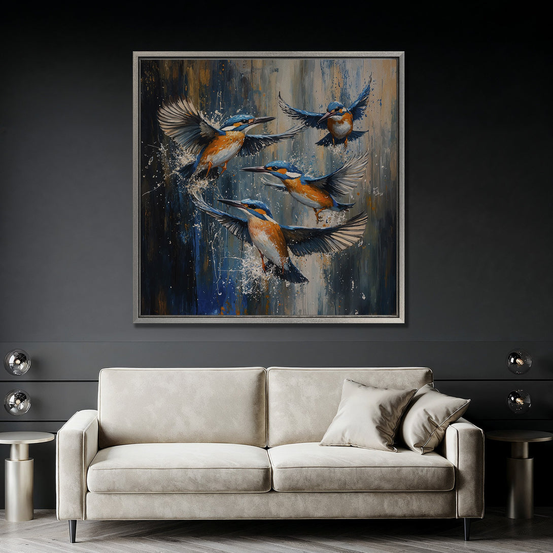 Framed Wall Art featuring vibrant kingfisher birds in flight, abstract style with blue, orange, and neutral tones. Perfect for adding a touch of nature to your home.