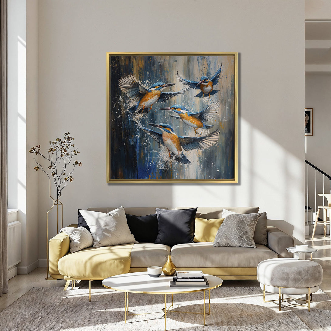 Canvas Print of kingfisher birds in flight, abstract style, blue and orange palette. Perfect wall art for your home!