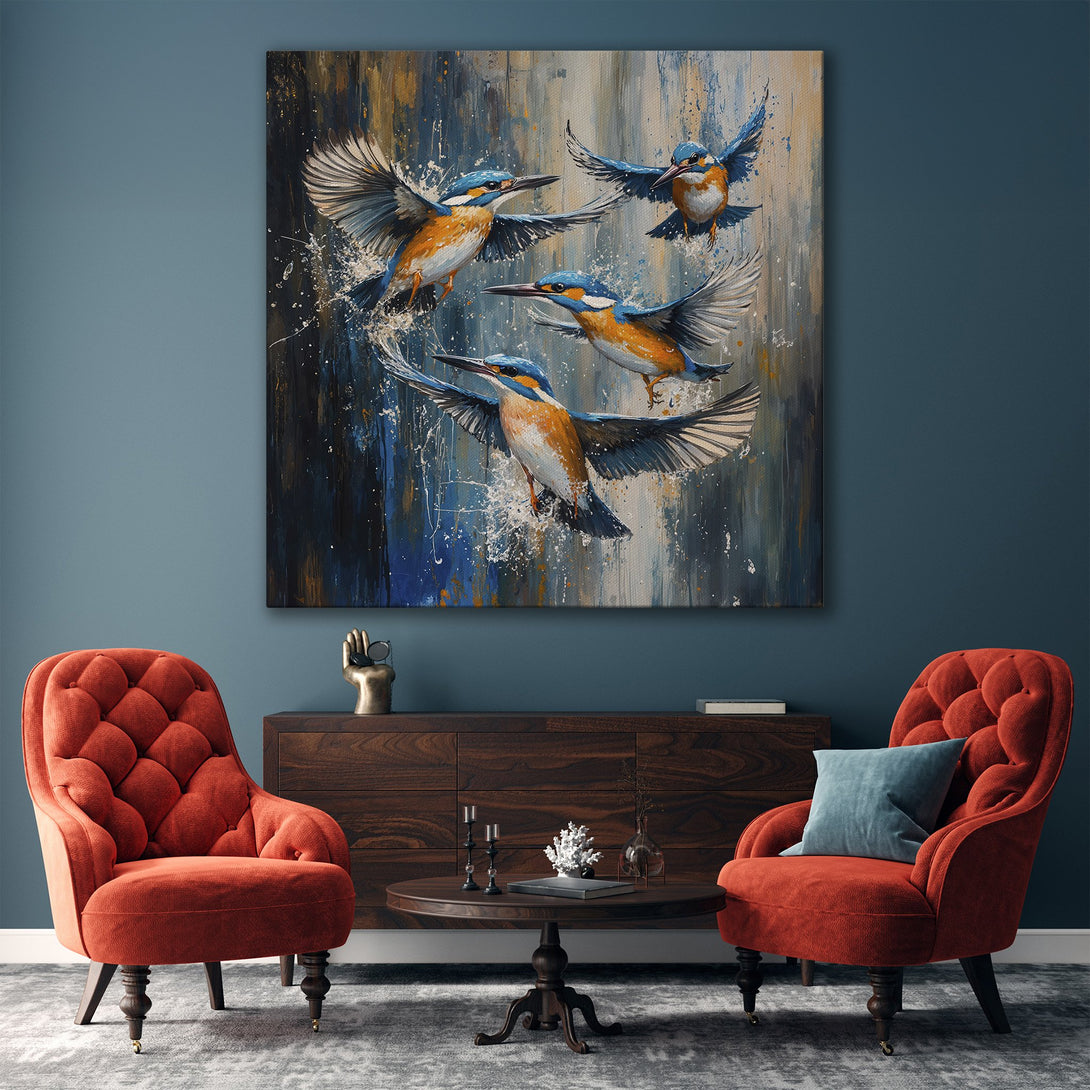 Framed Wall Art: Abstract painting of kingfisher birds in flight. Blue, gold, and neutral tones. Perfect for modern home decor.