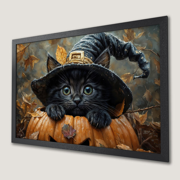 Framed Poster featuring a cute black cat in a witch hat, nestled in a pumpkin. Autumnal colors and whimsical style. Perfect Halloween decor!