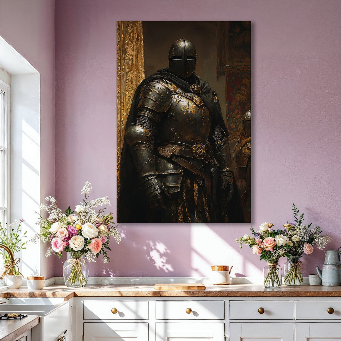 Framed Wall Art featuring a knight in armor. Dark, dramatic painting with gold accents, displayed in a modern living room. Add a touch of history to your decor!