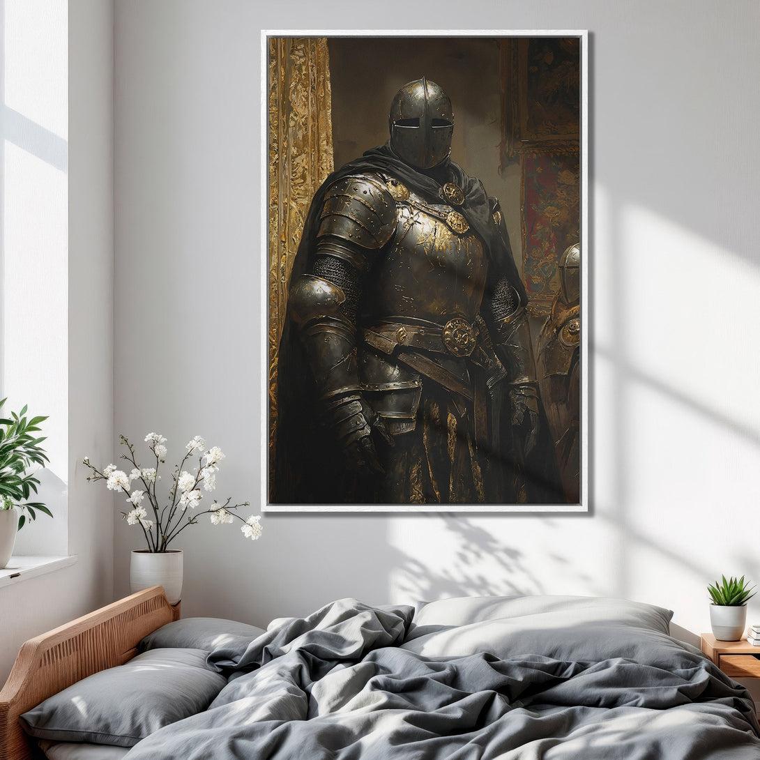 Framed Wall Art: Medieval knight portrait in dark, gold, and black tones. Perfect for adding a touch of history and elegance to your home decor.