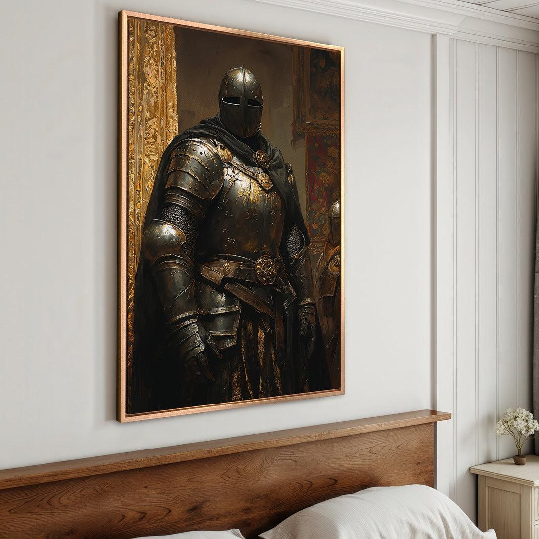 Framed Wall Art: Medieval knight portrait in dark, gold, and bronze tones. Dramatic, historical style canvas print for home decor.