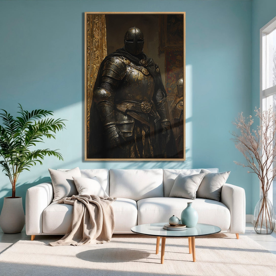Framed Wall Art of a knight in armor. Dark, dramatic painting with gold accents. Perfect for adding a touch of history and elegance to any space.