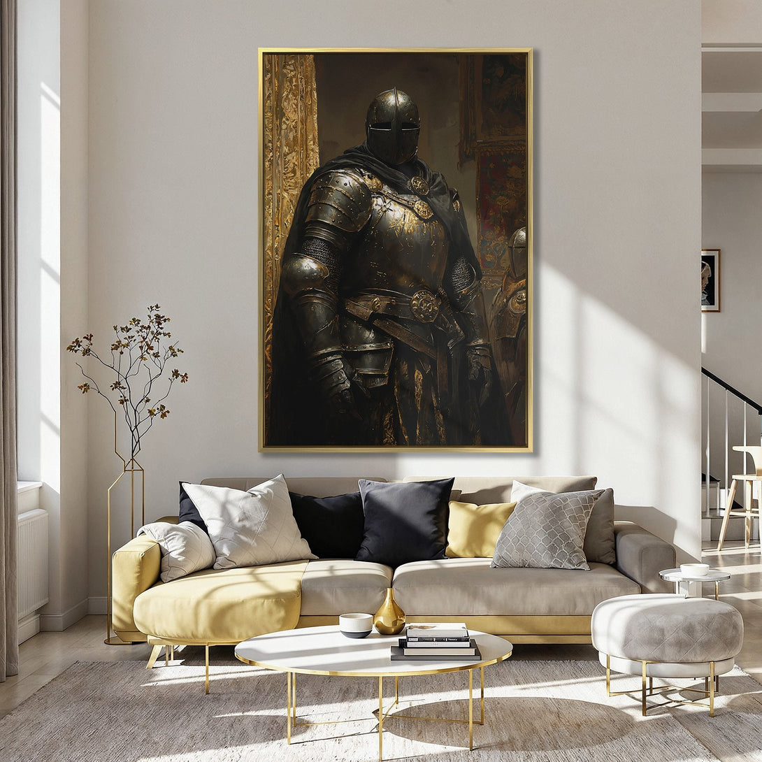 Canvas Print of a medieval knight in dark tones, displayed in a stylish interior with a warm, muted color palette. Perfect wall art!