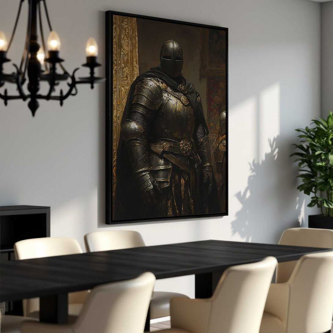 Framed Wall Art: Medieval knight portrait in dark, moody tones. Enhance your space with this stunning canvas print featuring a warrior in armor. Perfect for any room!