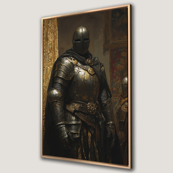 Framed Wall Art featuring a knight in detailed armor. Dark, dramatic painting with gold accents. Perfect for adding a touch of medieval style.