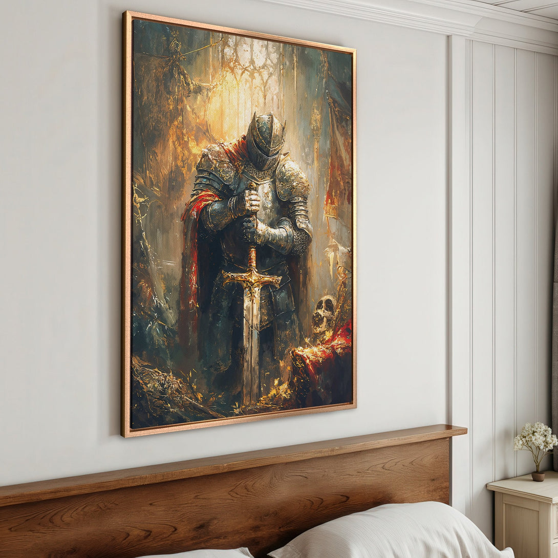 Framed Wall Art: Romantic floral canvas print with roses and books, displayed in a dark, elegant interior. Warm color palette, perfect for classic decor.
