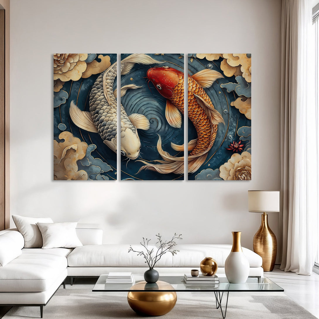Canvas Print of koi fish in a serene, Asian-inspired style. Features a blue, gold, and orange color palette, perfect for modern decor.