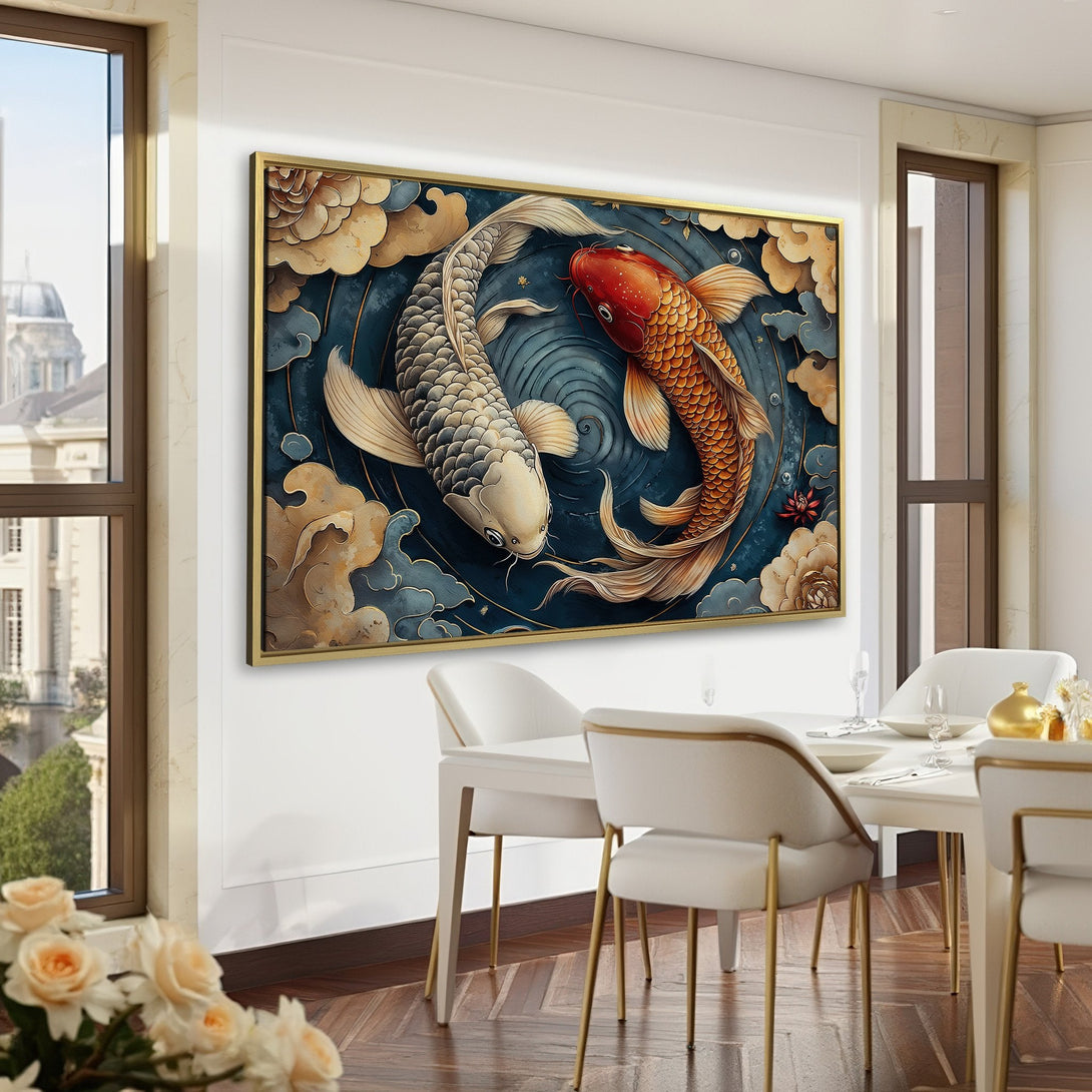 Canvas Print of koi fish in a serene, Japanese-inspired style. Features a calming blue, gold, and red color palette, perfect for adding zen to any space.