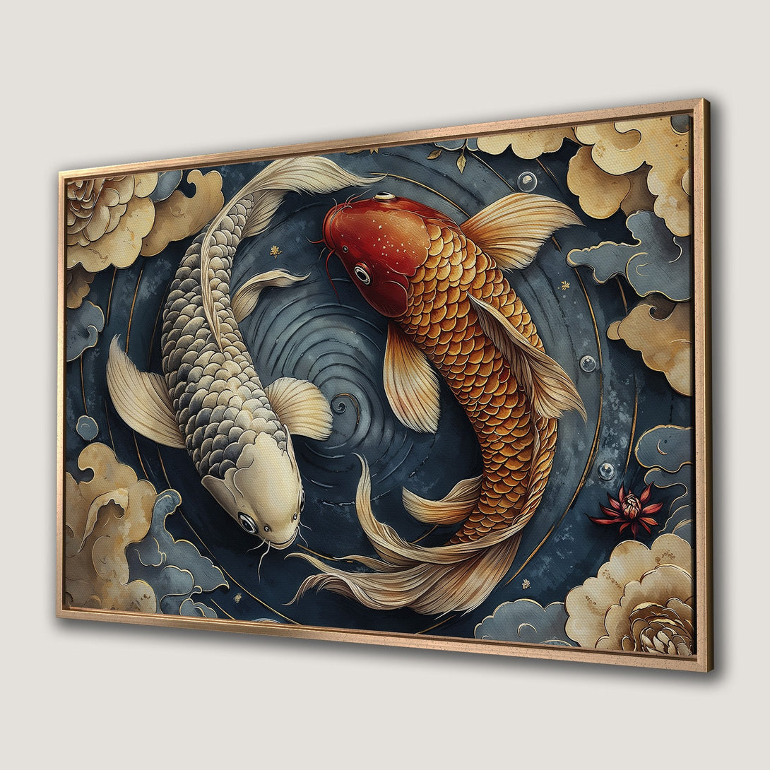 Framed Wall Art: Koi fish art print in a serene, Japanese-inspired style. Features a calming blue, gold, and red color palette. Perfect for home decor.
