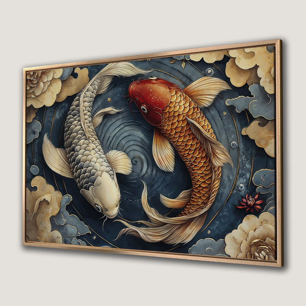Framed Wall Art: Koi fish art print in a serene, Japanese-inspired style. Features a calming blue, gold, and red color palette. Perfect for home decor.
