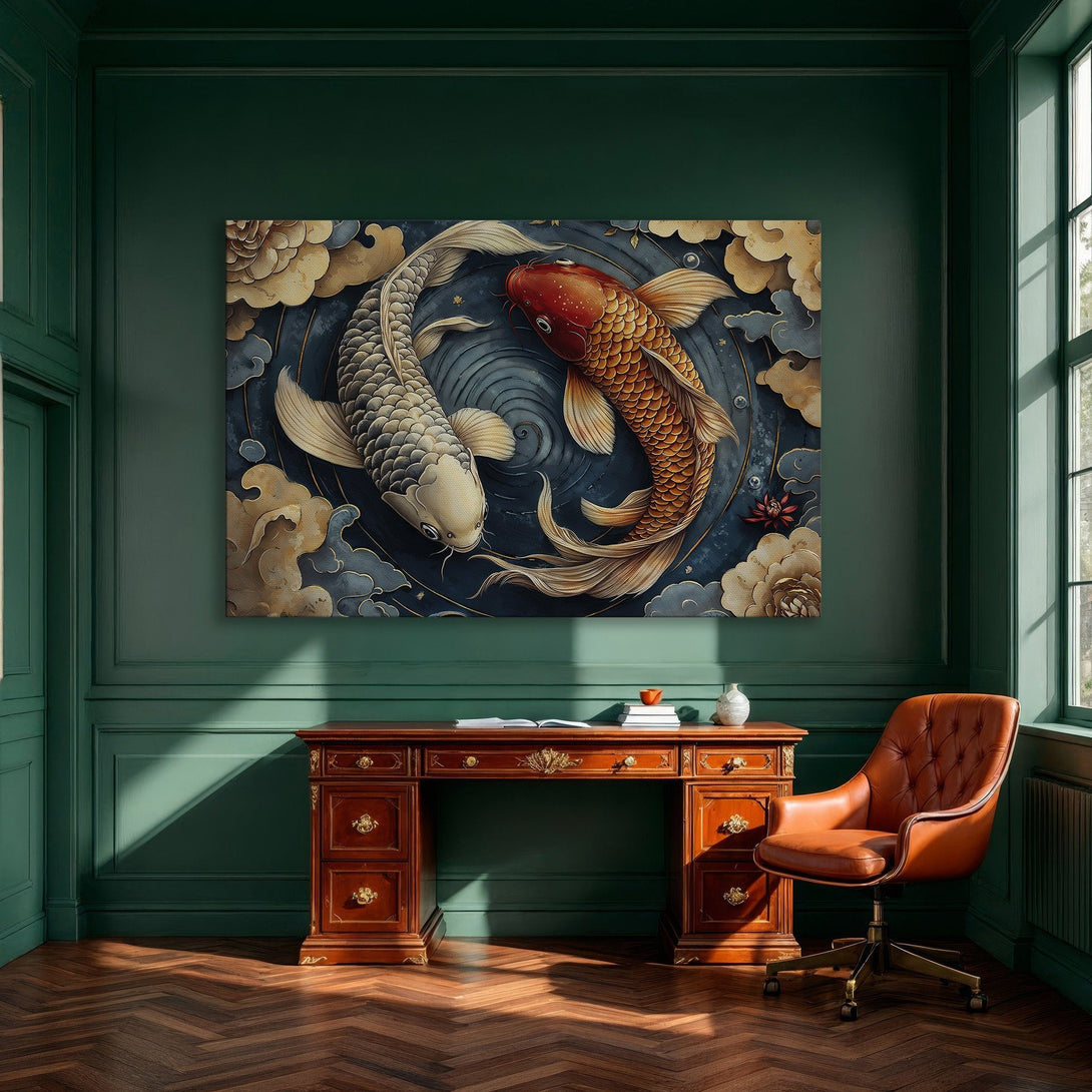 Framed Wall Art featuring koi fish in a serene, Asian-inspired style. The artwork showcases a rich blue, gold, and orange color palette, perfect for home decor.