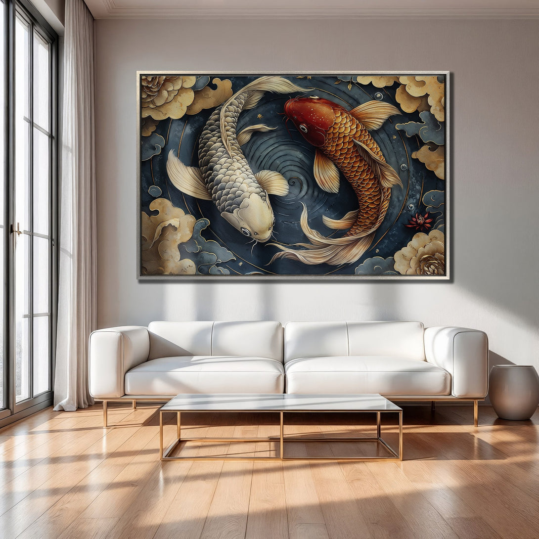 Framed Wall Art: Koi fish painting in a serene, Asian-inspired style. Featuring a calming blue, gold, and red color palette, perfect for any space.