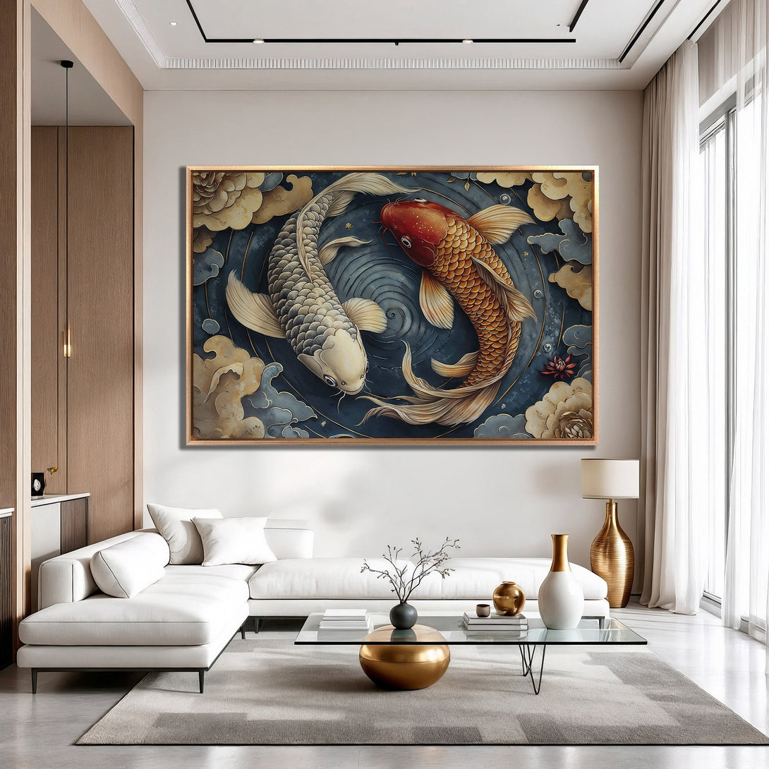 Framed Wall Art: Stunning koi fish painting in a modern living room. Featuring a blue, gold, and red color palette, perfect for adding an elegant touch.