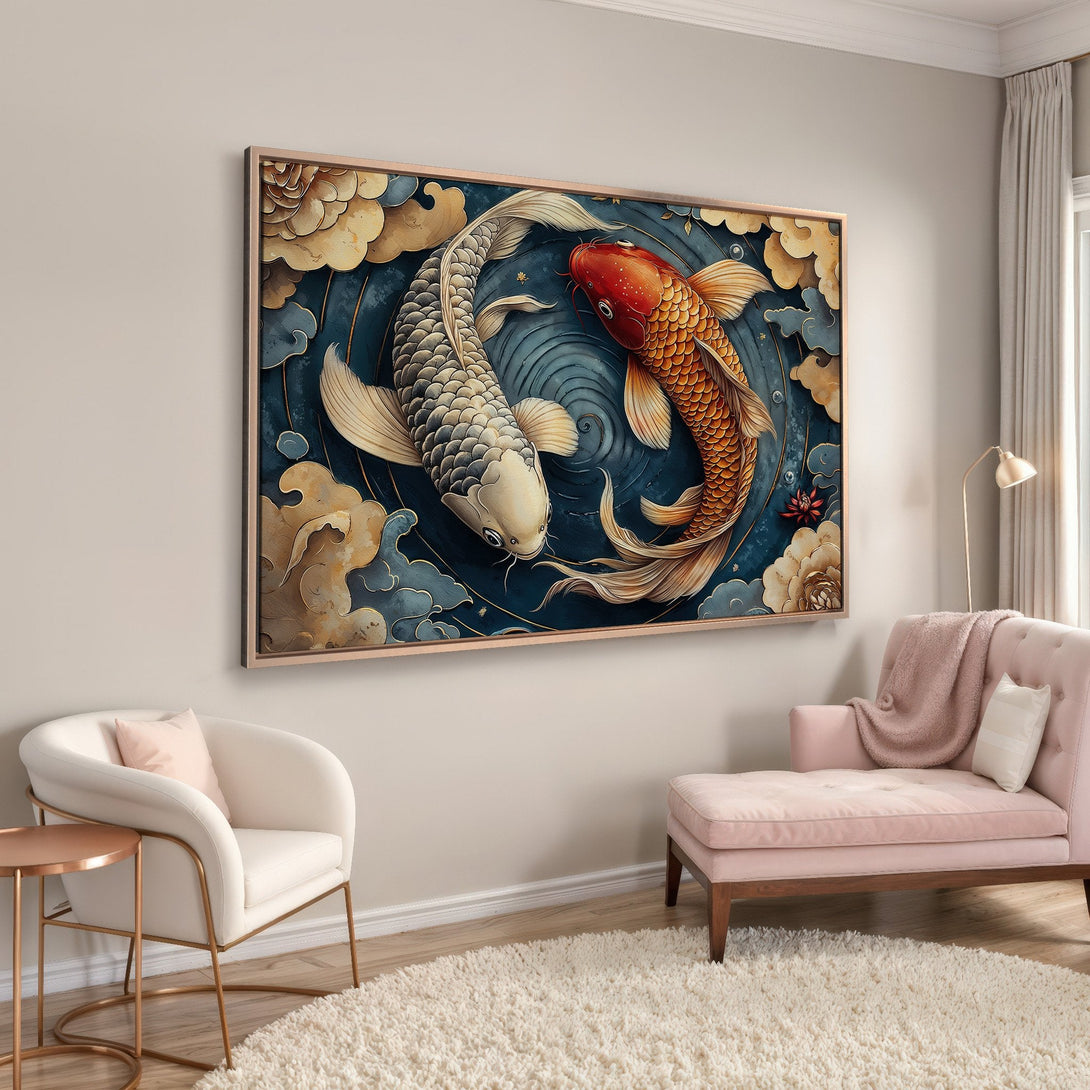 Framed Wall Art featuring koi fish in a Japanese style. Beautiful blue, gold, and orange color palette. Perfect for adding zen to your home decor.