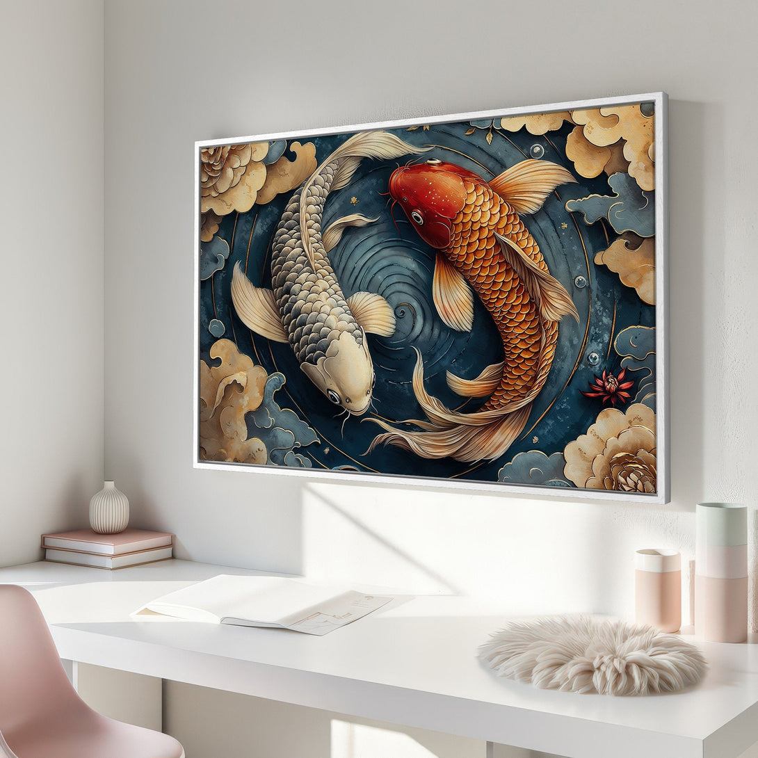 Framed Wall Art: Koi fish art print in a modern interior. Features a blue, gold, and orange color palette. Perfect for adding a touch of zen to your space.