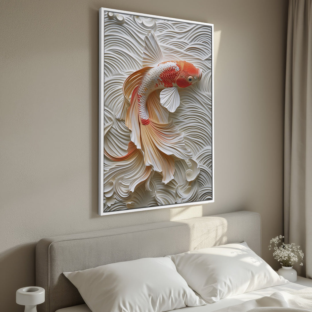 Framed Wall Art: 3D koi fish print in neutral tones. Modern art for bedroom decor. Adds elegance and serenity to any space. Shop now!