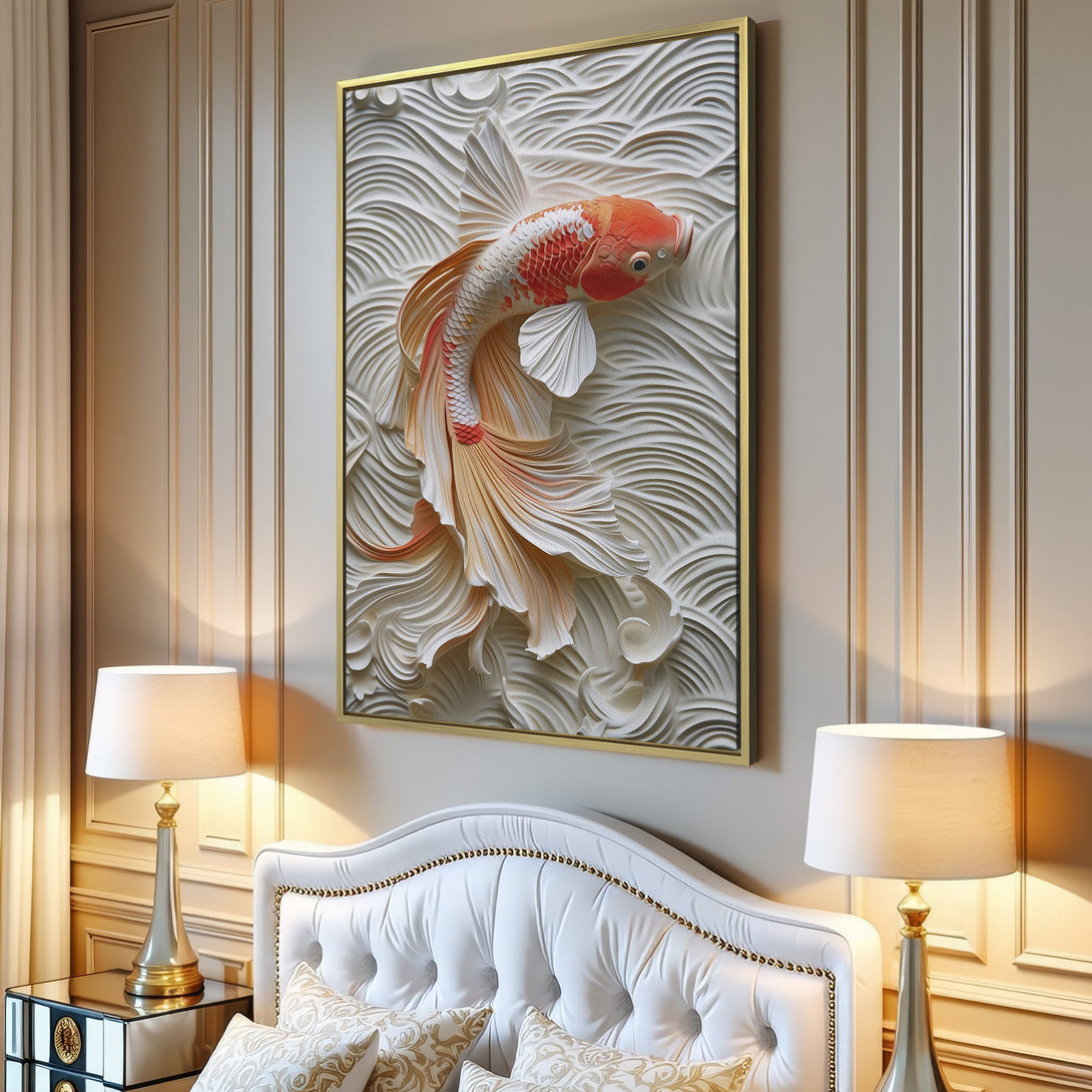 Canvas Print of a koi fish in a serene, textured style. Features a warm, neutral color palette, perfect for modern home decor.