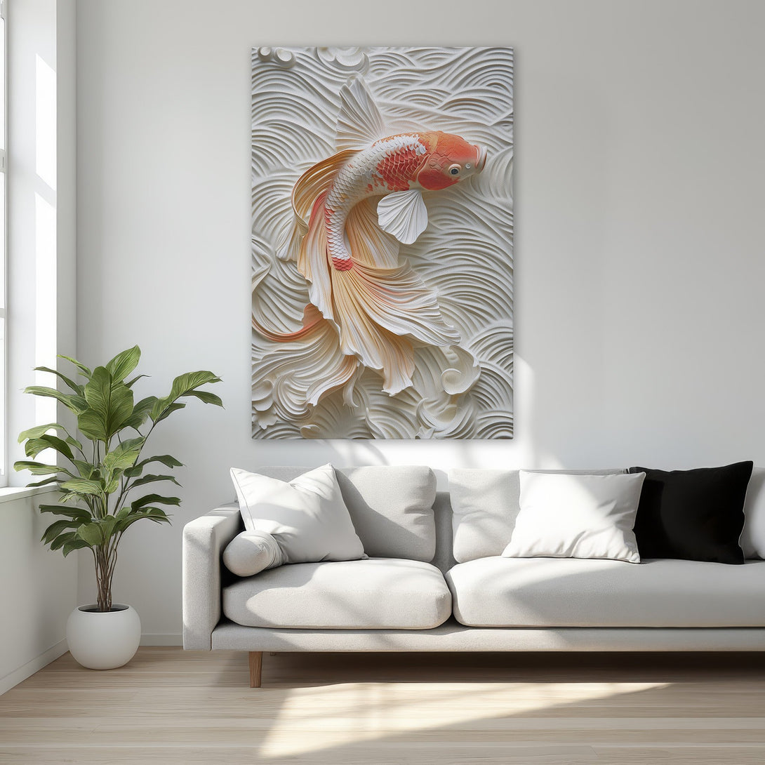Framed Wall Art: Elegant koi fish canvas print in neutral tones with gold accents. Perfect for adding a touch of luxury to your bedroom decor.