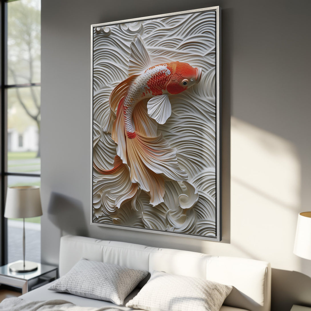 Framed Wall Art: Elegant koi fish canvas print in neutral tones. Modern decor featuring a textured design with red, white, and beige hues. Perfect for bedroom or living room.