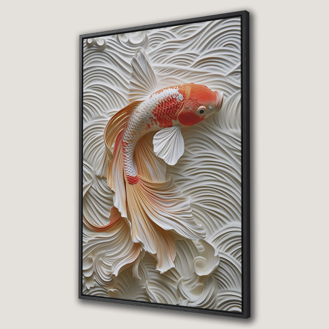 Framed Wall Art featuring a koi fish in a textured, 3D style. Earthy tones of orange, white, and cream create a serene, artistic canvas print perfect for any space.