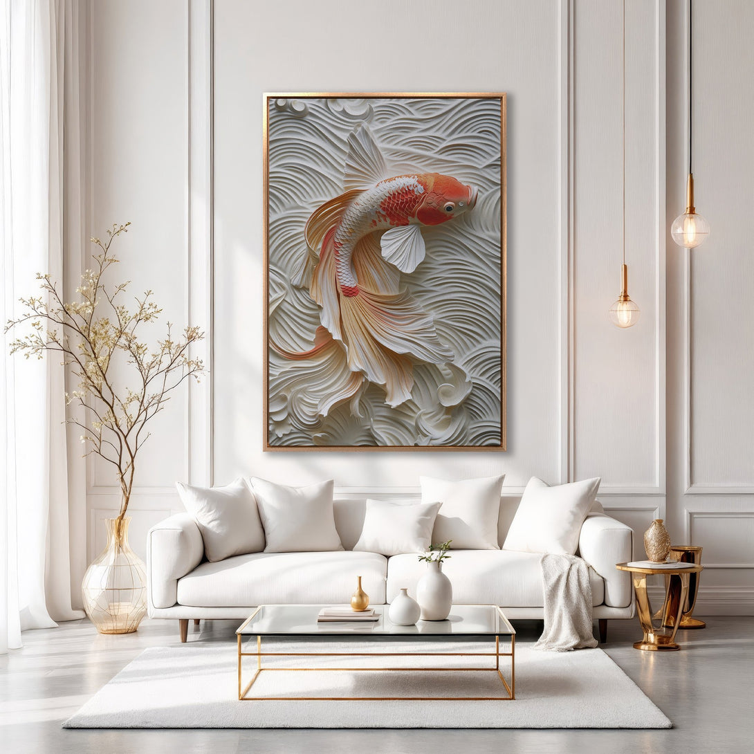 Framed Wall Art: Elegant koi fish design in a modern, minimalist interior. Featuring a warm, neutral palette with orange and gold accents. Elevate your space!