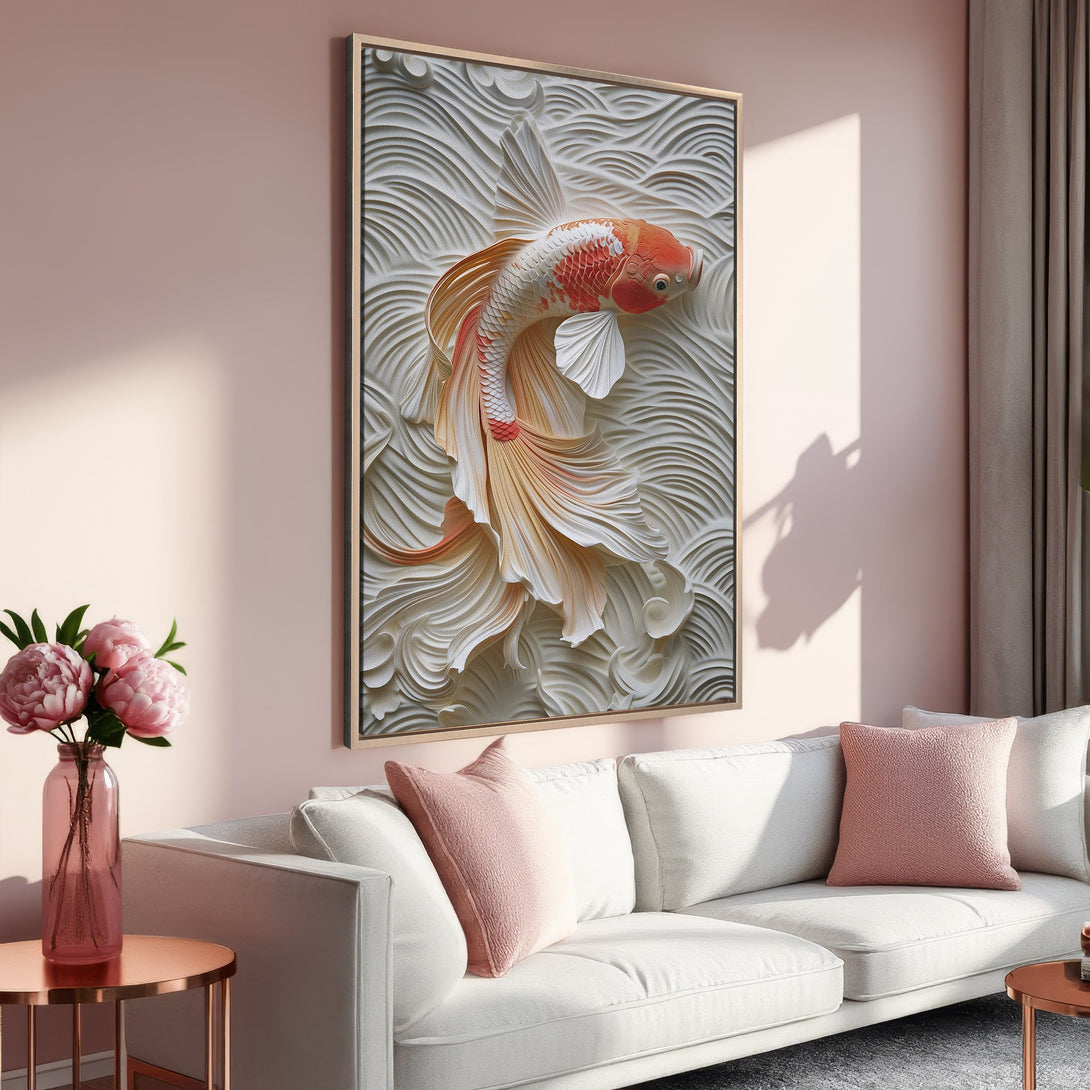 Framed Wall Art: Elegant Koi fish canvas print in a serene interior. Features a warm, neutral palette with pops of coral and white. Perfect for home decor!