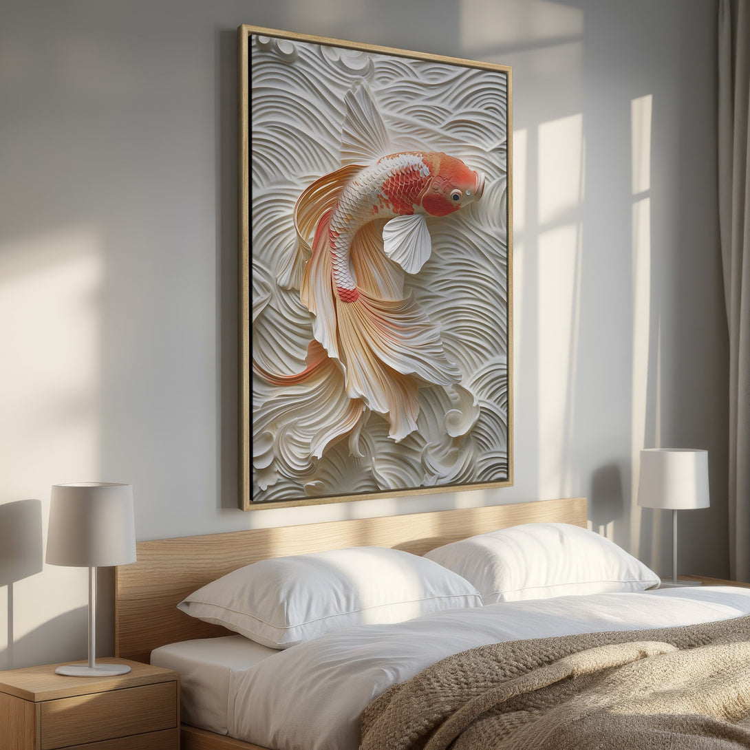 Framed Wall Art: Elegant koi fish canvas print in a bedroom. Features a neutral palette with gold accents, perfect for adding a touch of zen to your space.