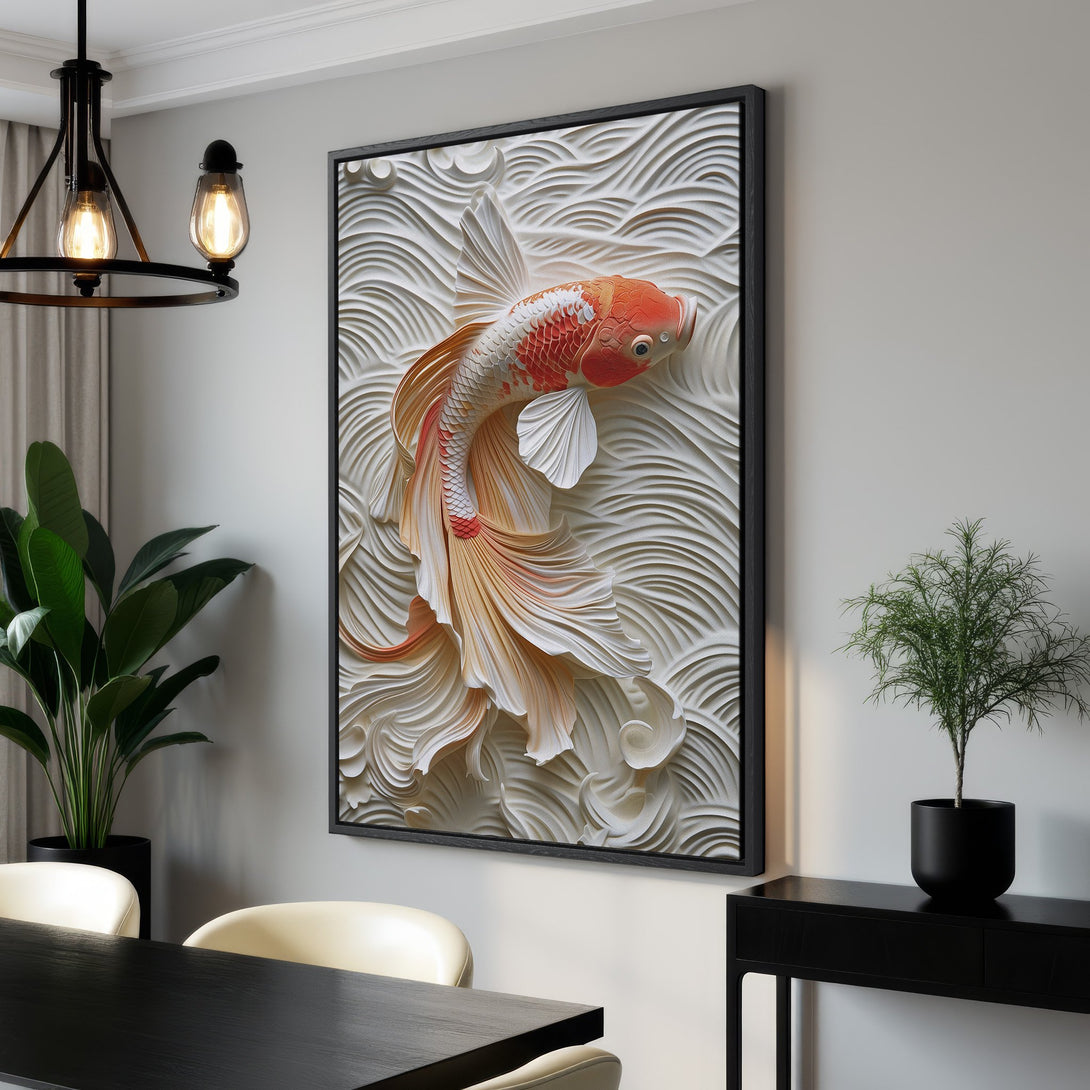 Framed Wall Art: Stunning koi fish Canvas Print in a modern, minimalist style with a warm, neutral color palette. Perfect for adding elegance to any space!