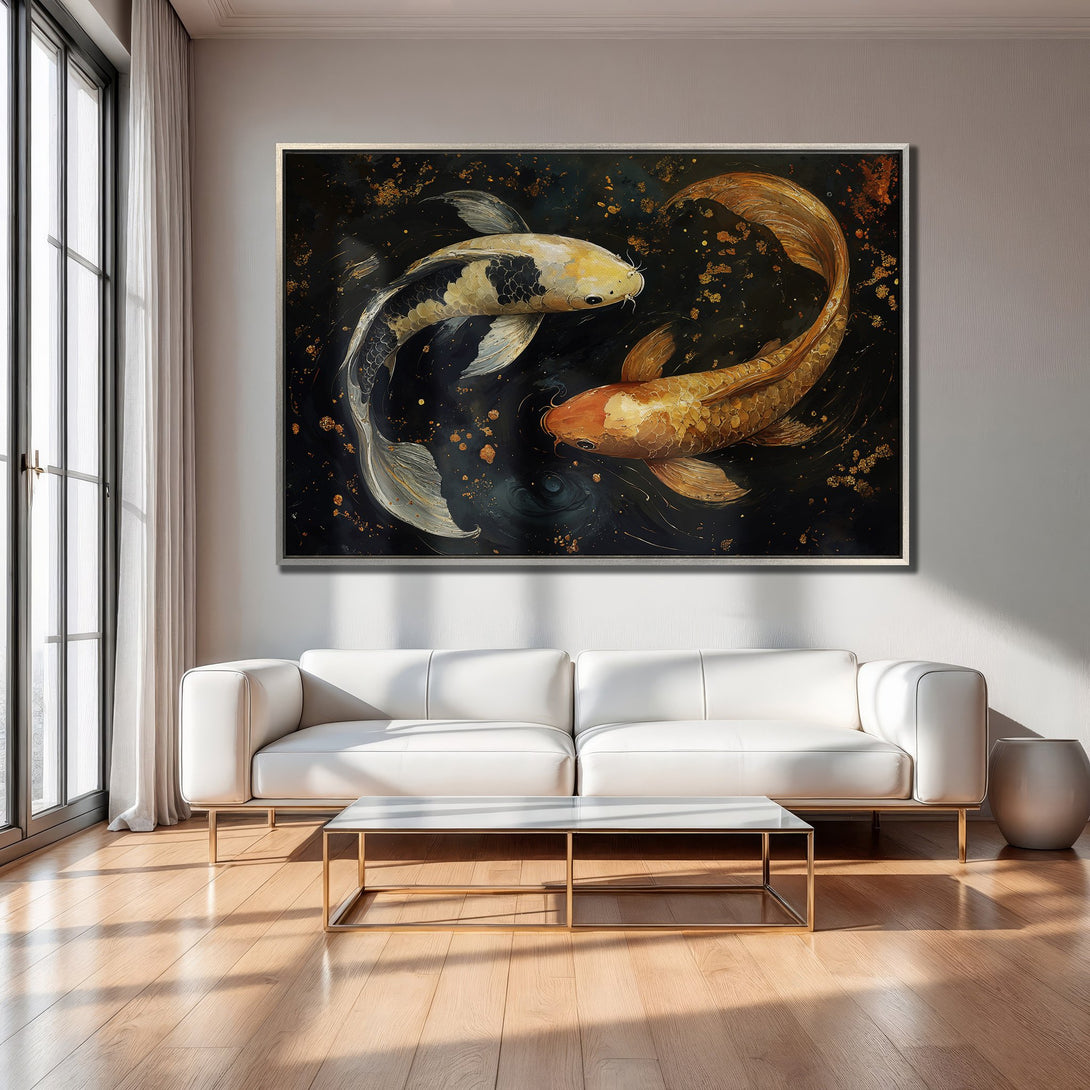 Framed Wall Art featuring koi fish in a dark, elegant style. Gold and black color palette adds a touch of luxury to any living space.