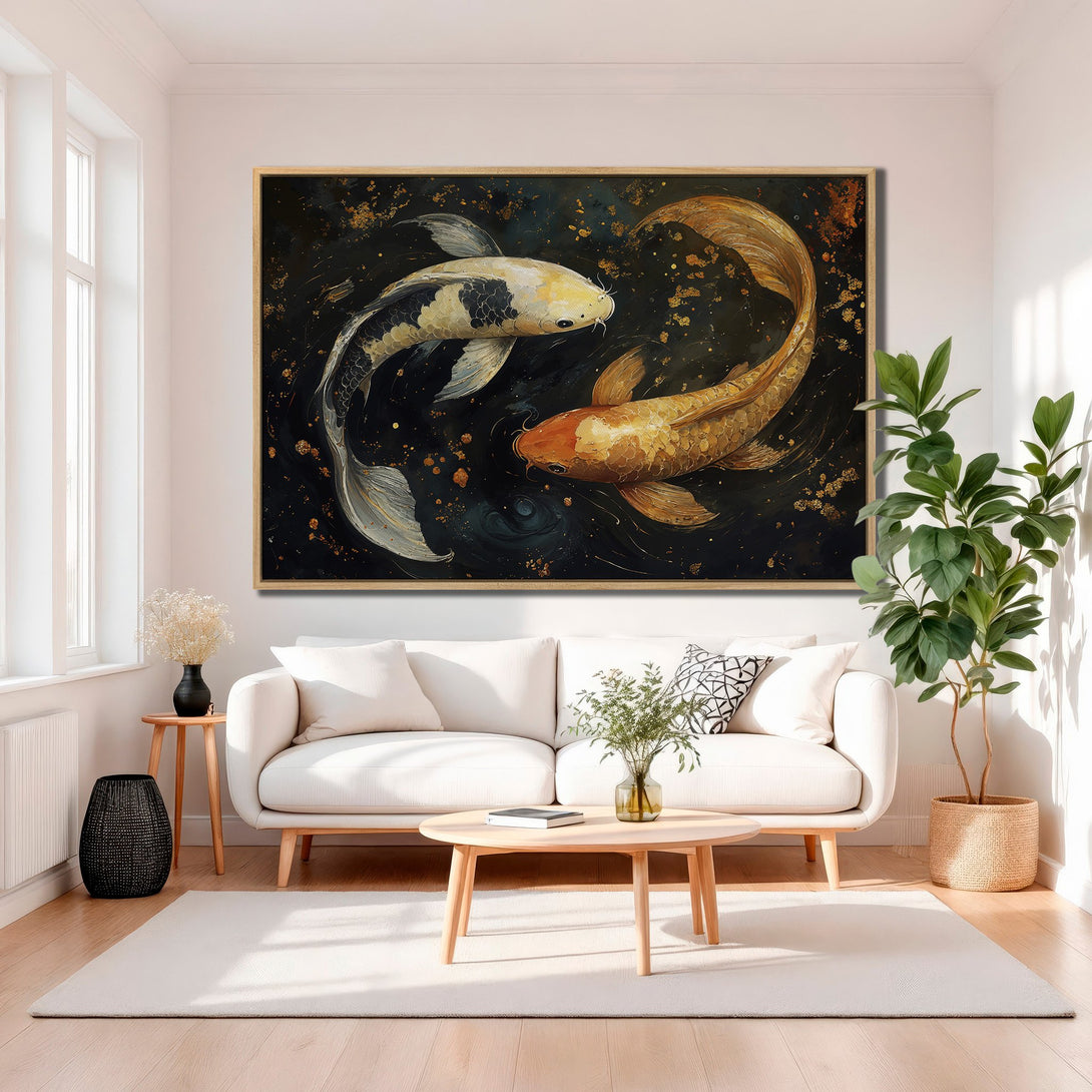 Framed Wall Art featuring koi fish in a dark, gold, and black palette. Enhance your home with this elegant and calming Canvas Print.