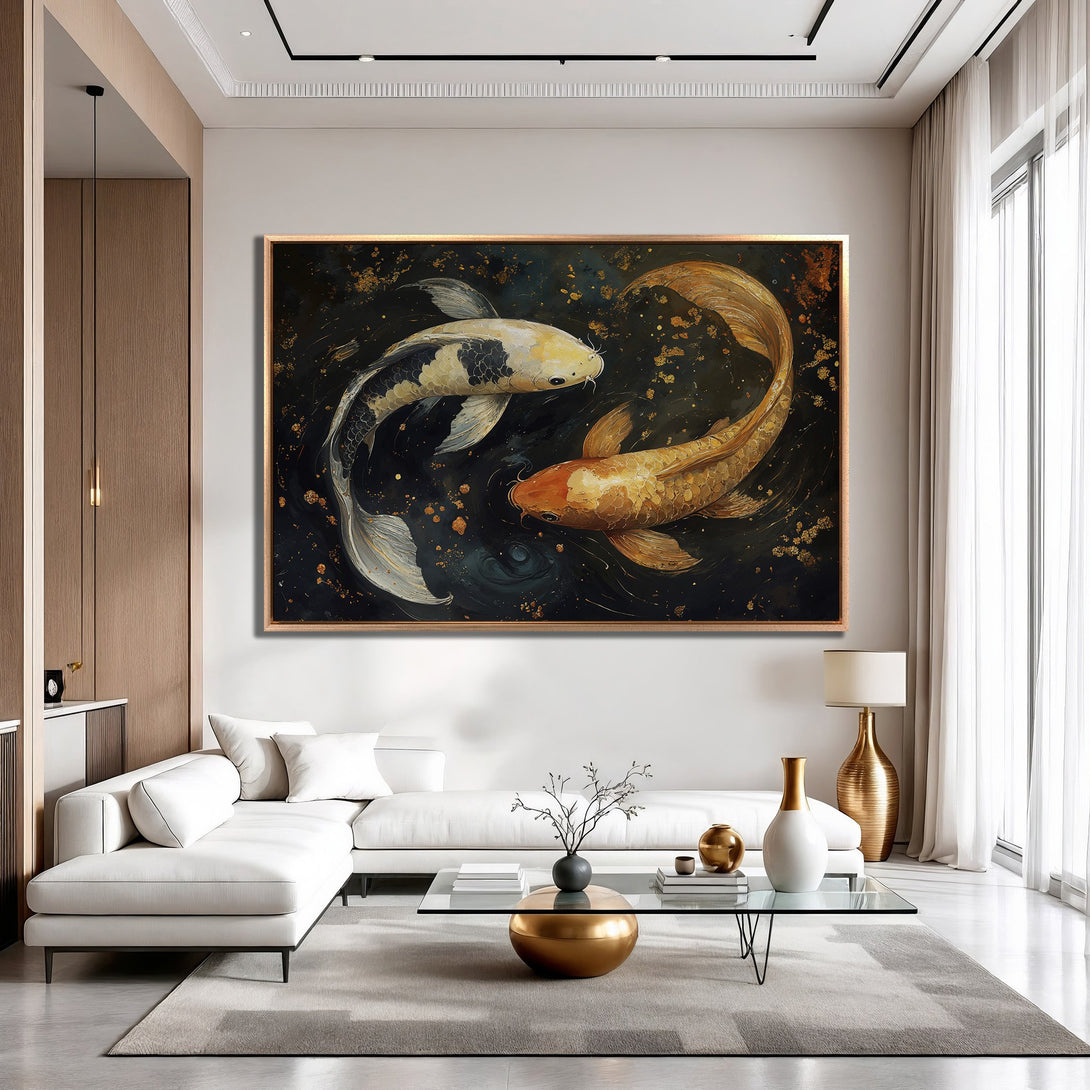 Framed Wall Art: Koi fish painting in gold and black tones. Modern abstract art for living room decor. Adds a touch of elegance.