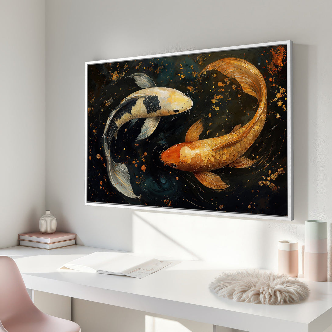 Framed Wall Art: Koi fish painting in a modern style with black, gold, and orange hues. Perfect for adding a touch of zen to your space.