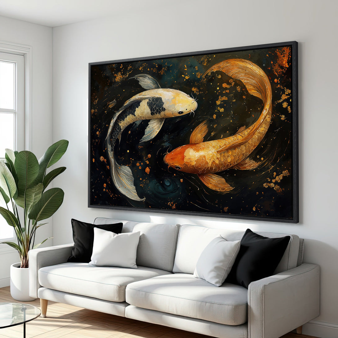 Framed Wall Art: Koi fish painting in gold, black, and white. Modern art canvas print adds elegance to any living room. Shop now for stunning wall decor!