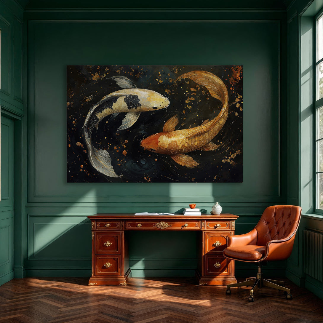Framed Wall Art: Koi fish canvas print in a dining room. Features a dark background with gold and orange accents. Modern, elegant decor.