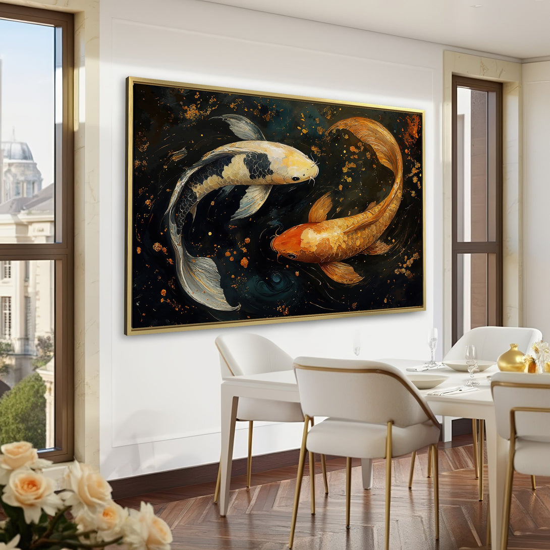 Canvas Print featuring koi fish art in gold and black. Elegant wall decor for a sophisticated interior, with a dark green color palette.