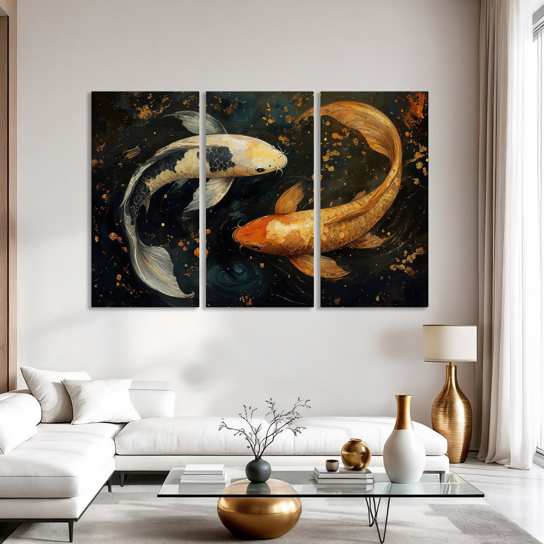 Canvas Print featuring koi fish art in a dark, moody style with gold accents. Adds a touch of elegance with its black, gold, and white color palette.