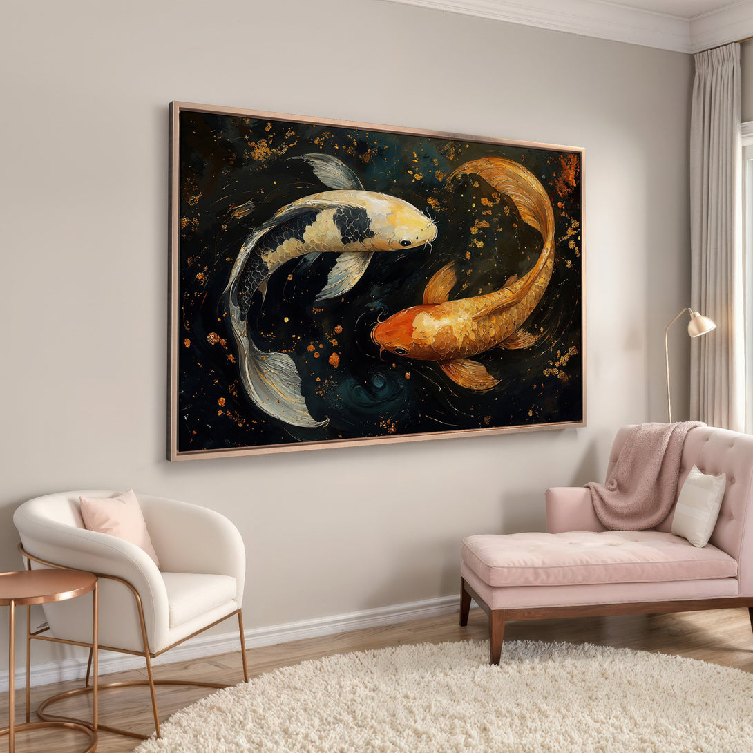 Framed Wall Art: Koi fish painting in a modern style with black, gold, and teal tones. Perfect for adding a touch of zen to your home decor.