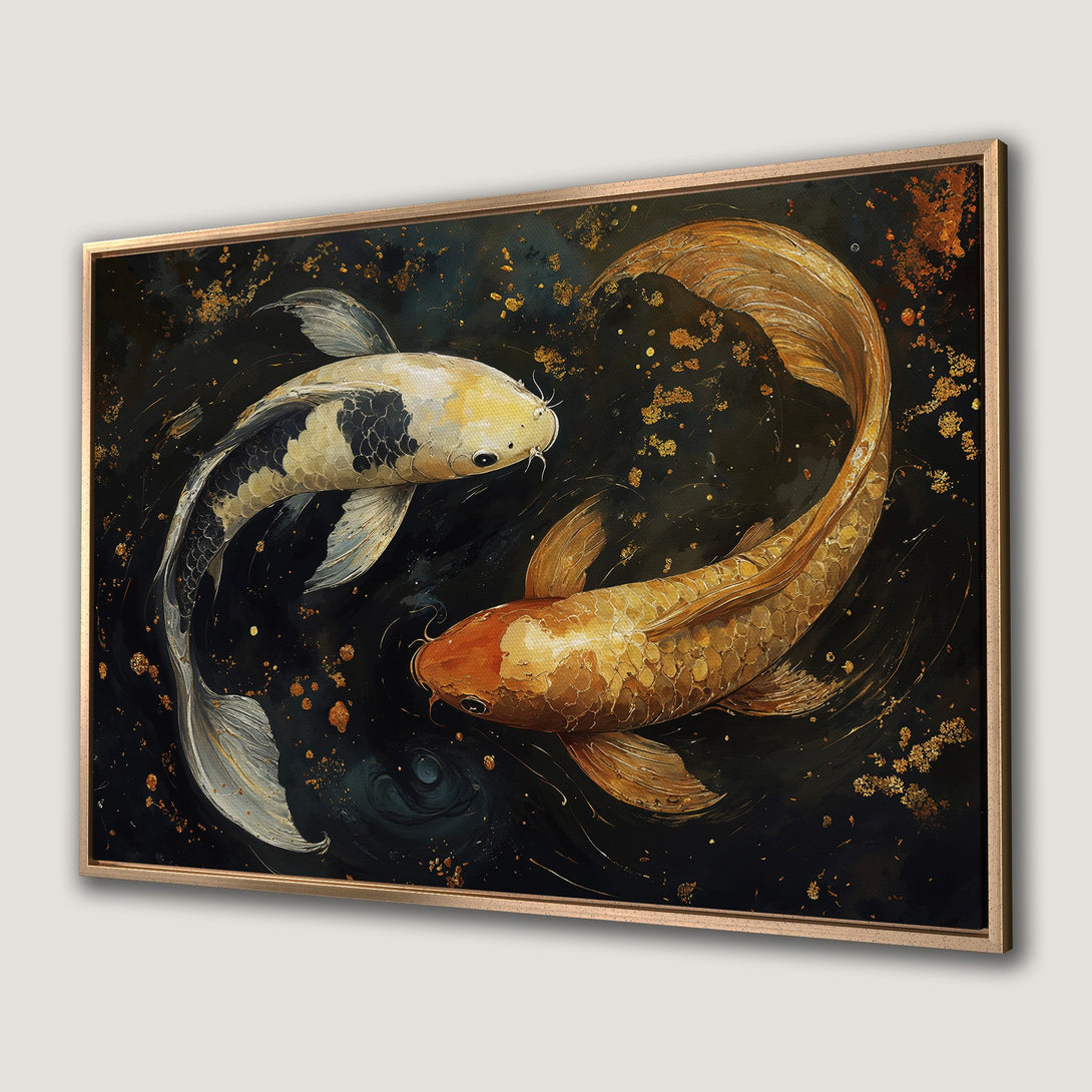 Framed Wall Art featuring koi fish in a dark, abstract style with gold and black tones. Perfect for adding elegance to any space.