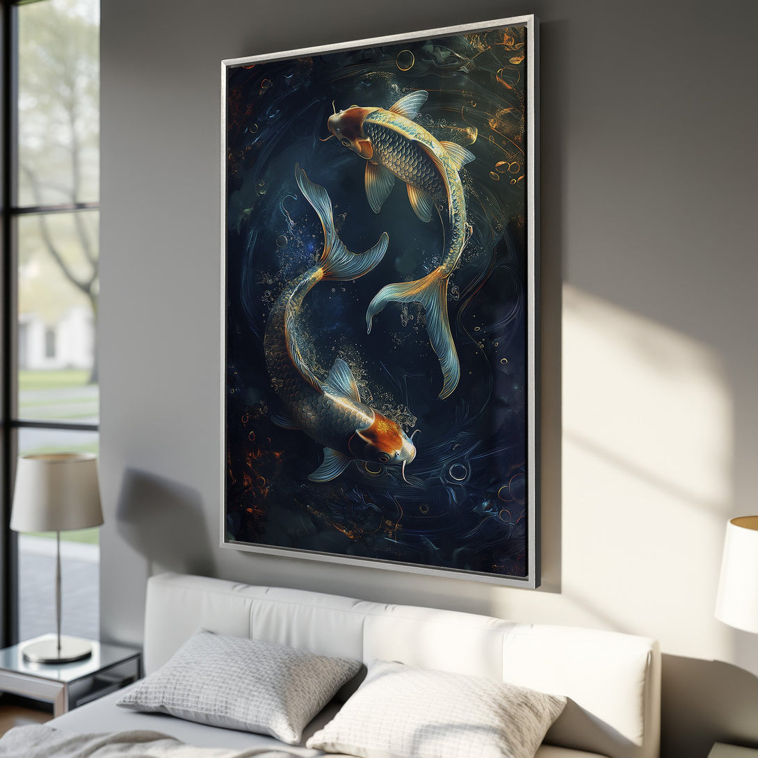 Framed Wall Art featuring koi fish in a dark blue and gold color palette. Modern art Canvas Print adds a touch of elegance to any interior.