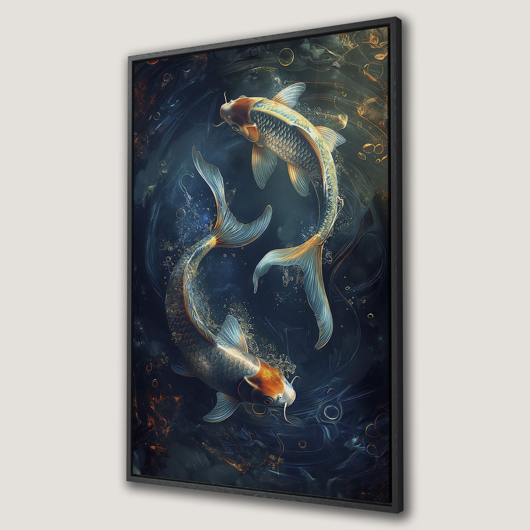 Framed Wall Art of koi fish in a mystical style, featuring a blue, teal, and gold color palette. Perfect for adding a touch of zen to your space.