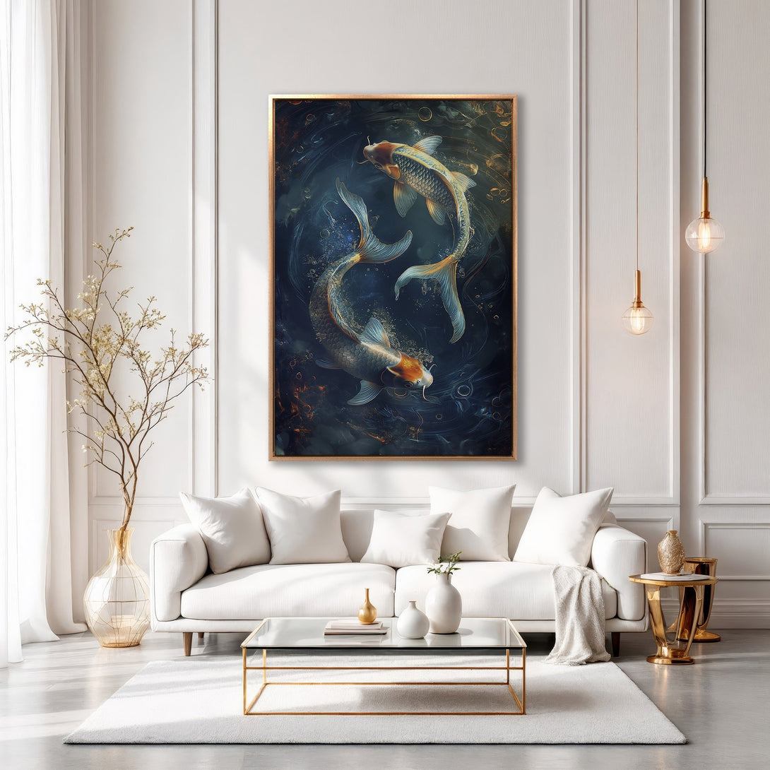 Framed Wall Art: Koi fish painting in a modern interior. Featuring a teal and gold color palette, this canvas print adds elegance to any space.