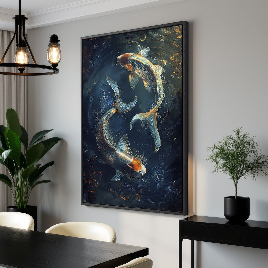 Framed Wall Art featuring koi fish in a dark blue and gold color palette. Enhance your home decor with this stunning, artistic Canvas Print.
