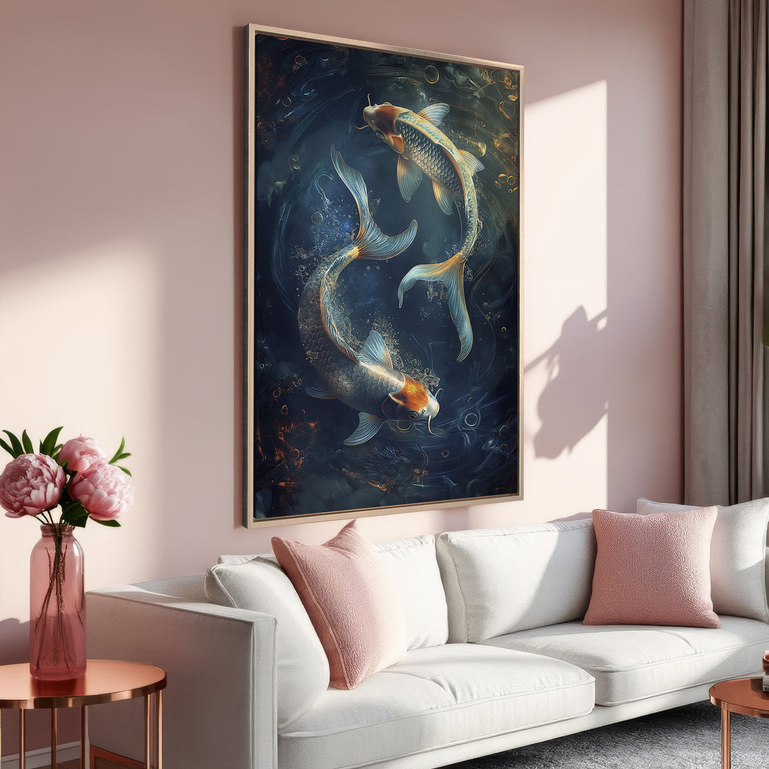 Framed Wall Art featuring koi fish in a dark blue and gold palette. Enhance your home with this elegant, artistic Canvas Print.